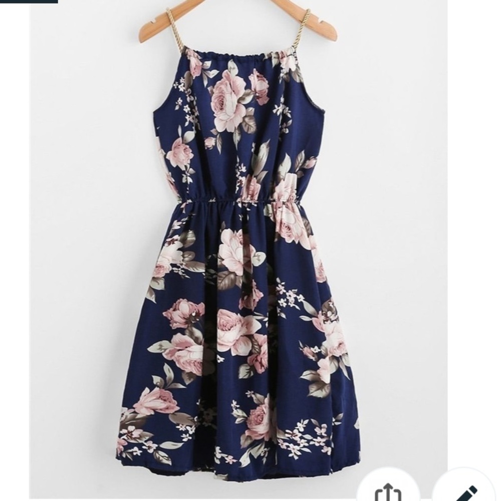 Navy Floral Sundress with Pink Rose Print